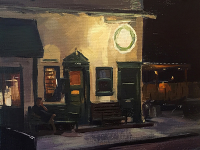 Nightime Scene coffeshop color impressionistic nocturne oil plein air traditional