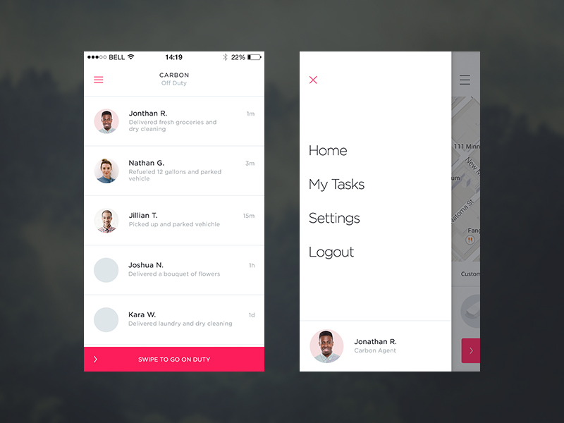 Carbon app feed ios iphone menu profile settings ui ux