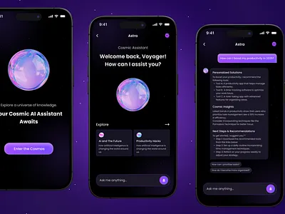 Astra – The Cosmic AI Assistant 3d ai ai assistant artificial intelligence bot chat chat bot design galaxy message messaging meta mobile app orb space design ui ux web3