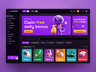 Spacybet - Casino Homepage 3d illustrations betting website casino homepage crypto currency custom thumbnails dark interface dashboard design gambling igaming purple color renders space theme uiux