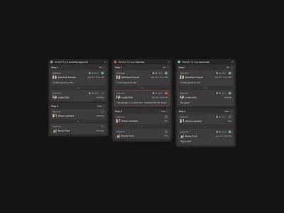 Approval process widget (dark mode) clean dark mode dashbaord design development enterprise figma interface kanban minimal modern product saas software startup theme tool ui user widget