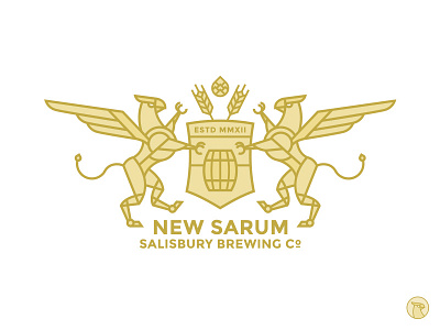 New Sarum Logo barrel beer branding brewery griffin gryphon hop cone logo salisbury shield wheat wings