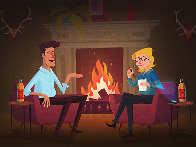 Fired Up antler beer chair editorial fireplace illustration phone room