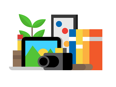 Stuff book camera color composition desk essentials icon icons illustration laptop plant vector