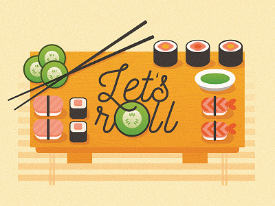 Let's roll cucumber drawing fish flat food illustration japanese meal sushi type typography vector