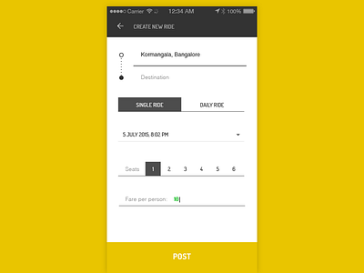 New Ride - Spaceship App app apple carpool clean debut design flat rideshare simple ui ux yellow