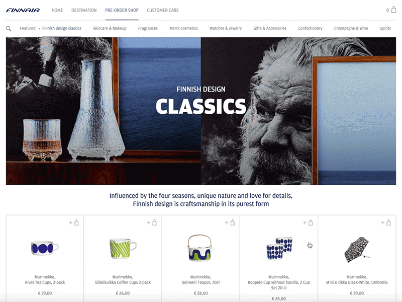Finnair Nordic Sky on desktop add to bag aero aviation responsive ui