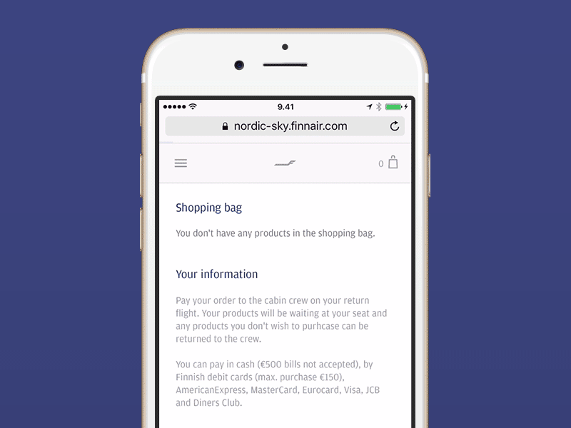 Finnair Nordic Sky on mobile add to bag aero aviation responsive ui