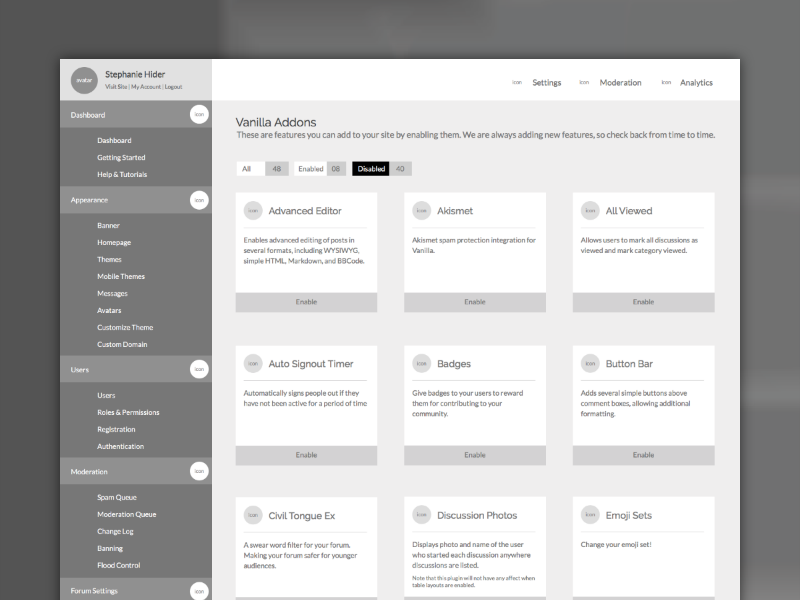 Vanilla Forums UI dashboard ui ux