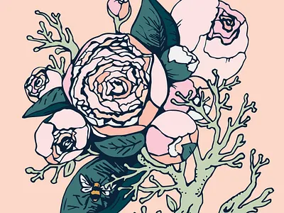 Peonies Illustration bee floral flowers illustration leaf leaves natural nature peonies pink