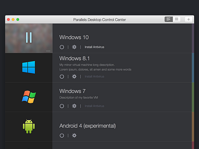 Parallels Desktop 10-11. Control Center. app application dark desktop icon interface mac mac os os x ui ux