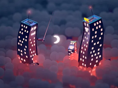 Night Friends 3d blender clouds fishing isometric low poly moon night playing skyscrapers