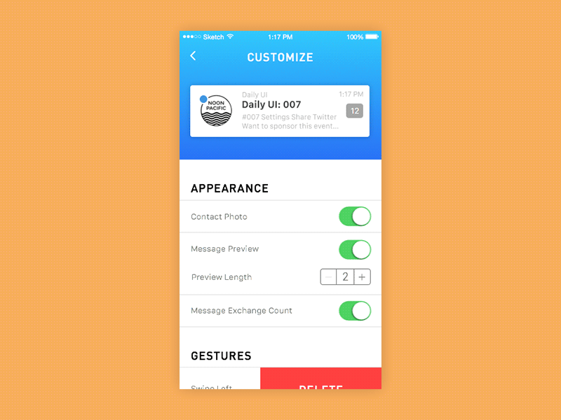 Customization Settings 007 animation customization customize dailyui email messages settings ui ux