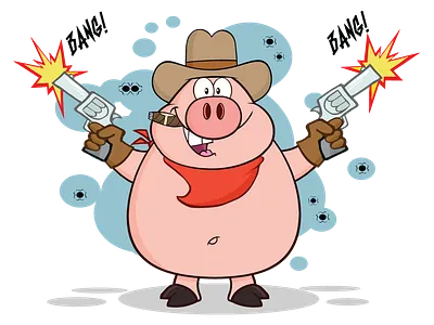 Cowboy Pig Character Shooting With Two Guns animal cartoon character cowboy design graphics hittoon humor illustration mascot pig vector