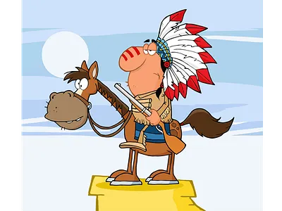 Indian Chief With Gun On Horse Over Rocks cartoon character design graphics hittoon horse illustration indian mascot humor vector