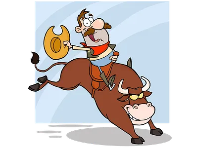 Cowboy Riding Bull In Rodeo animal bull cartoon character cowboy design graphics hittoon humor illustration mascot vector