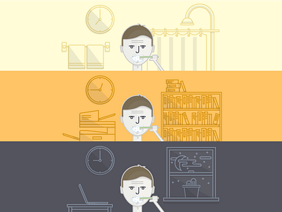 Morning Noon & Night bathroom brush flat illustration man office person toothpaste