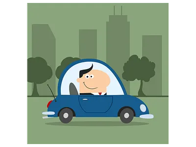 Smiling Manager Driving Car To Work In City businessman car cartoon character design flat graphics hittoon humor illustration mascot vector