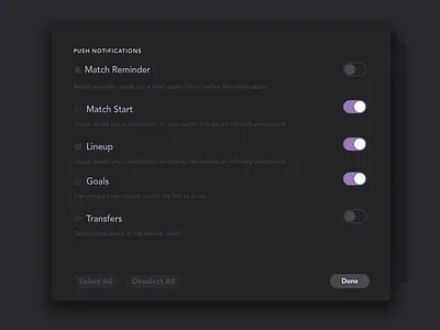 Day 007 - Settings app dailyui design football notifications reminder scores settings toggle ui