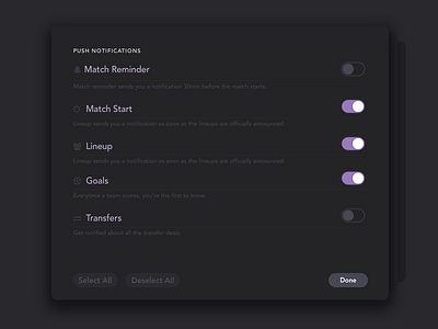 Day 007 - Settings app dailyui design football notifications reminder scores settings toggle ui