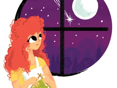 Making a wish character knitting moon night shooting star star story trees woman