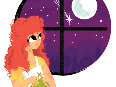 Making a wish character knitting moon night shooting star star story trees woman