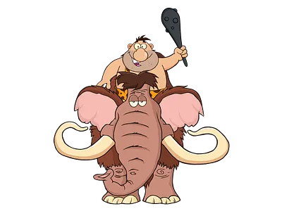 Happy Caveman Over Mammoth cartoon caveman character design graphics humor hunter illustration mammoth mascot vector