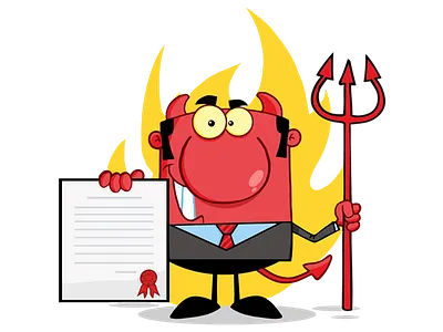 Smiling Devil Boss With A Trident Holds Up A Contract boss business cartoon character design devil graphics hittoon humor illustration mascot vector