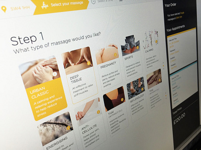 Step 1 - Booking Process booking booking process breadcrumbs calendar colour flat massage process start up ui user interface ux