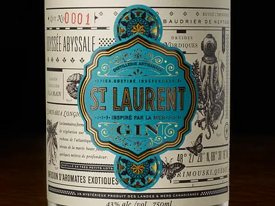 St.Laurent Gin alcohol blue design gold label lettering liquor moonshine package design packaging spirit texture