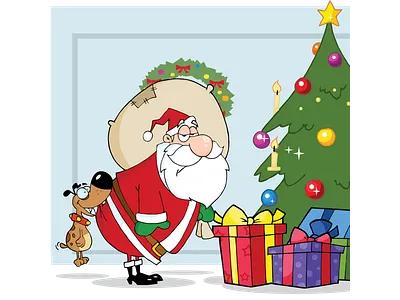 Dog Biting Santas Butt By A Christmas Tree animal cartoon character christmas design dog graphics humor illustration mascot santa vector