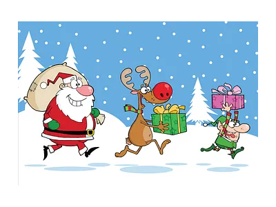 Reindeer, Elf And Santa Claus Carrying Christmas animal cartoon character christmas design elf graphics humor illustration mascot reindeer santa