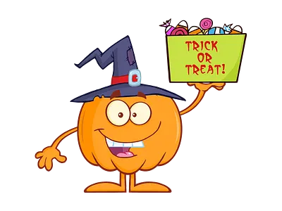 Halloween Pumpkin Holds A Box With Candy cartoon character design graphics halloween hittoon humor illustration mascot pumpkin vector witch