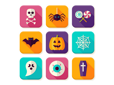 Halloween Flat App Icons bat flat ghost halloween icon illustration pumpkin scary skull spiderweb trick or treat vector