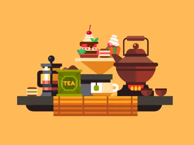 Maybe, a cup of tea? cake ceremony china coffee cup flat illustration tea vector yellow