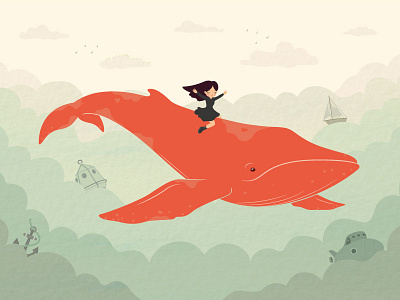 Perry's Whale anchor clouds fish flying girl illustration sea ship sky submarine vector whale