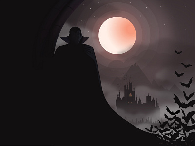 Dracula bats castle fog halloween illustration moon night