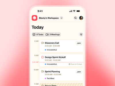 Planorama – Today’s View calendar meeting mobile app schedule task task management ui