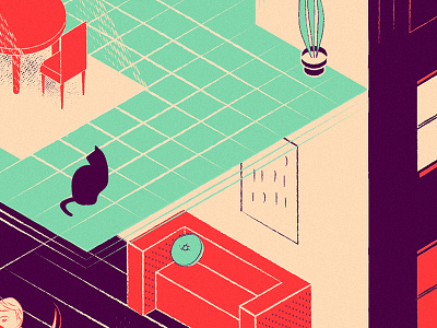 interior cat chair furniture illustration isometric room sofa vintage