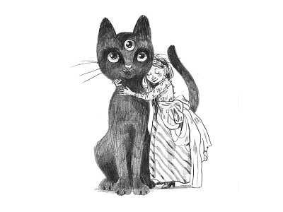 Black Cat & Princess doodle bw cat girl illustration pencil sketch