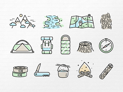 Camping Icon Set backpack bonfire camping hiking icons linear mountain nature outline stump vector wood