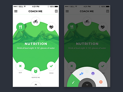 Coach Me activity app clean green ios menu nutrition sport ui water wheel