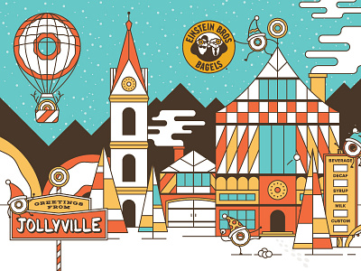 EBB Jollyville Cup #2 bagels christmas coffee illustration lights mountains presents