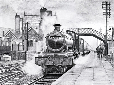 Rail Reflections 1960s art graphite gwr illustration pencil railways retro steam trains vintage wales