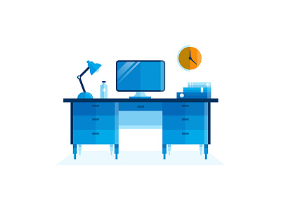 Workstation blue books computer desk editorial illustration lamp orange ui vector water