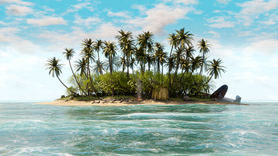 Alone on a Deserted Tropical Island 3d 3d artwork 3d modeling alone beach desert island digital 3d environment island landscape ocean palm plane crash sea survival tropical