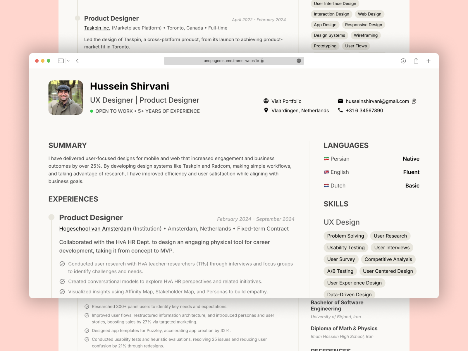 OnePageResume – A Personalized Online Resume Experience design one page responsive resume ui