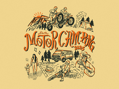 Motor camping show 2025 apparel camping design illustration lettering moto mountain t shirt