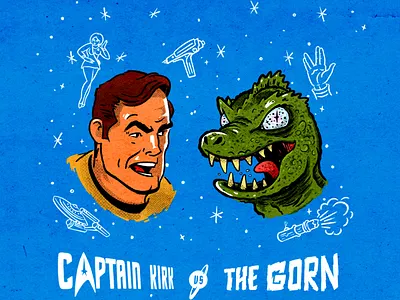 Star Trek Kirk vs Gorn animation branding cartoon character design entrprise graphic design icon design icons illustration logo mascots mask nerd pop culture procreate sci fi star trek tv vintage