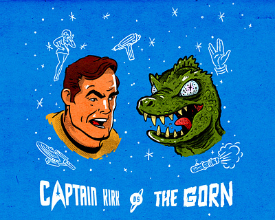 Star Trek Kirk vs Gorn animation branding cartoon character design entrprise graphic design icon design icons illustration logo mascots mask nerd pop culture procreate sci fi star trek tv vintage